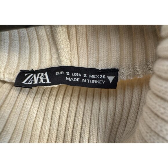 Zara Women Cream Beige Sleeveless Turtleneck Size Small Ribbed Raw Hem Chic Soft - Picture 12 of 12